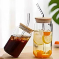 Glass Cup with Wooden Lid Straw Heat-resisting Transparent Glass Bottle Breakfast Cola Milk Drinking Cups Holiday Gift