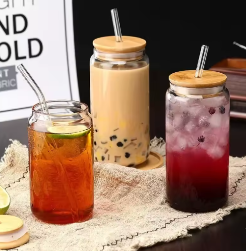 Glass Cup with Wooden Lid Straw Heat-resisting Transparent Glass Bottle Breakfast Cola Milk Drinking Cups Holiday Gift