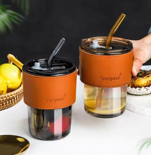 Haundry 14 oz Ribbed Glass cups with Lids and Straws, 2 Pack Iced Coffee Cups, Thickened Glassware Set, Ripple Design Glass Cups for Coffee, Soda, Smoothies, Cocktails and Juice