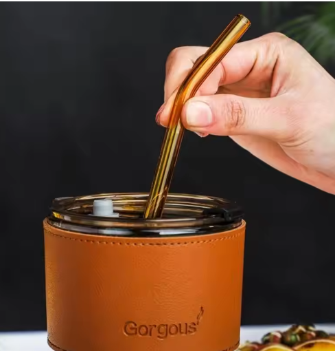 Haundry 14 oz Ribbed Glass cups with Lids and Straws, 2 Pack Iced Coffee Cups, Thickened Glassware Set, Ripple Design Glass Cups for Coffee, Soda, Smoothies, Cocktails and Juice