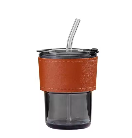Haundry 14 oz Ribbed Glass cups with Lids and Straws, 2 Pack Iced Coffee Cups, Thickened Glassware Set, Ripple Design Glass Cups for Coffee, Soda, Smoothies, Cocktails and Juice
