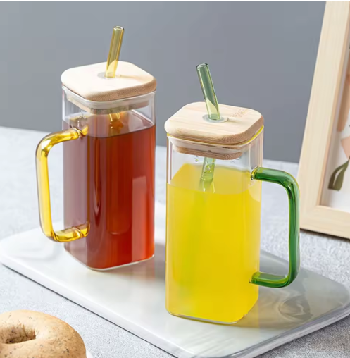 Borosilicate Square Glass Cup With Handle Bamboo Lid And Straw Multi Purpose Clear Drinkware For Home Office Decoration