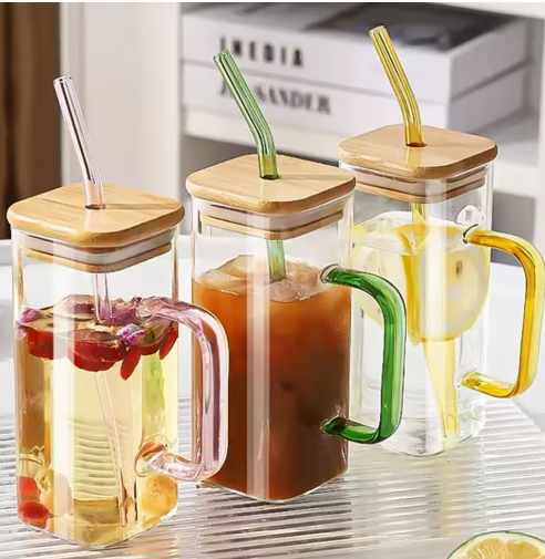 Borosilicate Square Glass Cup With Handle Bamboo Lid And Straw Multi Purpose Clear Drinkware For Home Office Decoration