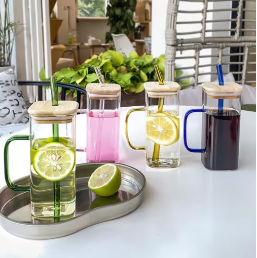 Borosilicate Square Glass Cup With Handle Bamboo Lid And Straw Multi Purpose Clear Drinkware For Home Office Decoration