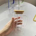 Borosilicate Square Glass Cup With Handle Bamboo Lid And Straw Multi Purpose Clear Drinkware For Home Office Decoration