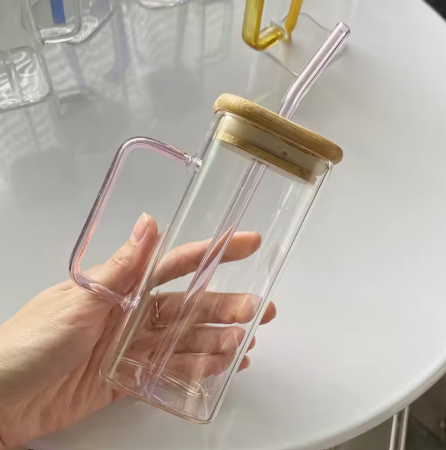 Borosilicate Square Glass Cup With Handle Bamboo Lid And Straw Multi Purpose Clear Drinkware For Home Office Decoration