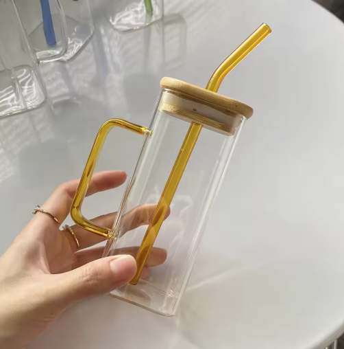 Borosilicate Square Glass Cup With Handle Bamboo Lid And Straw Multi Purpose Clear Drinkware For Home Office Decoration
