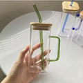 Borosilicate Square Glass Cup With Handle Bamboo Lid And Straw Multi Purpose Clear Drinkware For Home Office Decoration