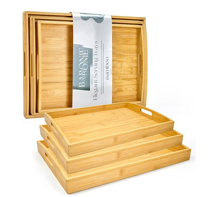 Bamboo Serving Tray with Handles Set of 3 - Decorative Wooden Trays for Eating, Working, and Storing, Suitable for Use in Bedroom, Living Room, Kitchen, Bathroom, Outdoor Scenarios and More