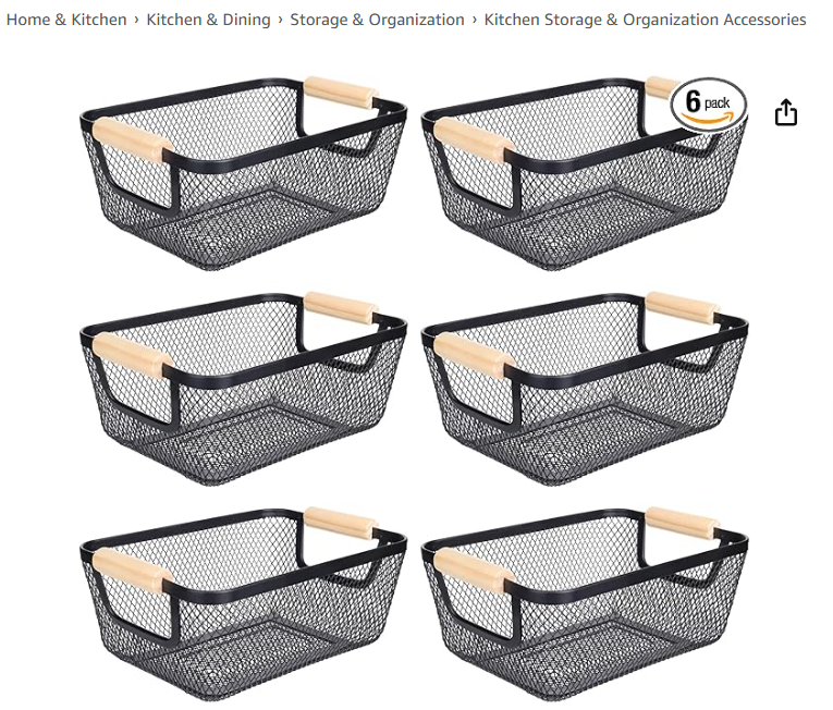 6Pack Black Wire Basket with Wooden Handle, Storage Bins for Pantry, Metal Mesh Basket for Kitchen Organization, Snack Organizer for Home Cabinet Closet Bathroom Fridge Fruit Makeup and Office