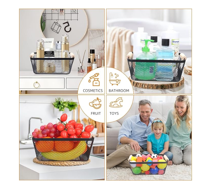 6Pack Black Wire Basket with Wooden Handle, Storage Bins for Pantry, Metal Mesh Basket for Kitchen Organization, Snack Organizer for Home Cabinet Closet Bathroom Fridge Fruit Makeup and Office