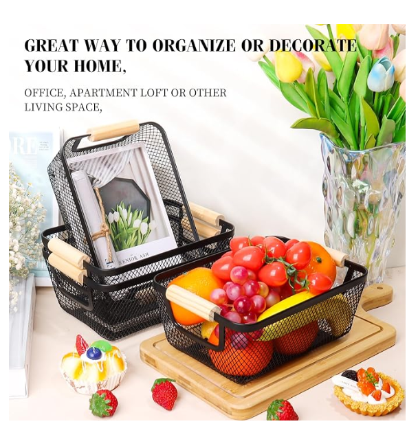 6Pack Black Wire Basket with Wooden Handle, Storage Bins for Pantry, Metal Mesh Basket for Kitchen Organization, Snack Organizer for Home Cabinet Closet Bathroom Fridge Fruit Makeup and Office