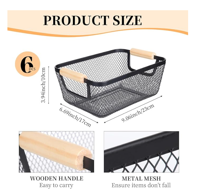 6Pack Black Wire Basket with Wooden Handle, Storage Bins for Pantry, Metal Mesh Basket for Kitchen Organization, Snack Organizer for Home Cabinet Closet Bathroom Fridge Fruit Makeup and Office