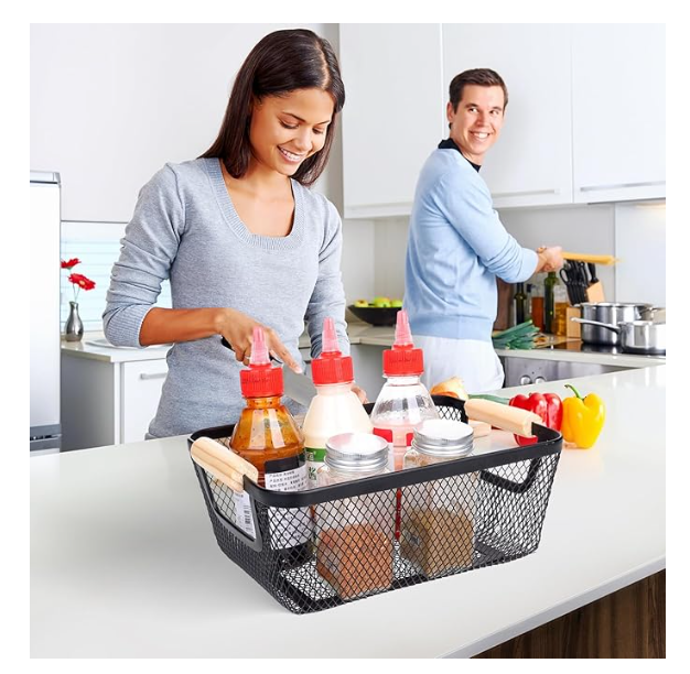 6Pack Black Wire Basket with Wooden Handle, Storage Bins for Pantry, Metal Mesh Basket for Kitchen Organization, Snack Organizer for Home Cabinet Closet Bathroom Fridge Fruit Makeup and Office