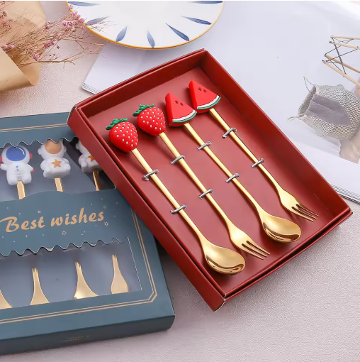 4pcsCute Doll Fork Spoon Gift Tableware Set Fruit Spoon Fork Coffee Spoon Animal Spoon Companion Gift Set.