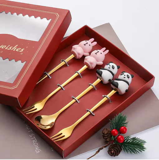 4pcsCute Doll Fork Spoon Gift Tableware Set Fruit Spoon Fork Coffee Spoon Animal Spoon Companion Gift Set.
