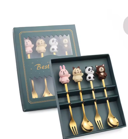 4pcsCute Doll Fork Spoon Gift Tableware Set Fruit Spoon Fork Coffee Spoon Animal Spoon Companion Gift Set.