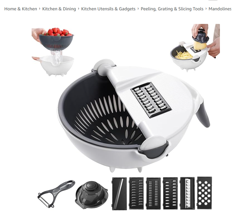 9 In 1 Vegetable Cutter with Drain Basket, 9 In 1 Multifunctional Vegetable Slicer, Portable Chopper Grater for kitchen, 6 Different Blades for slicing, Shredding and Cutting (1, White and Gray)