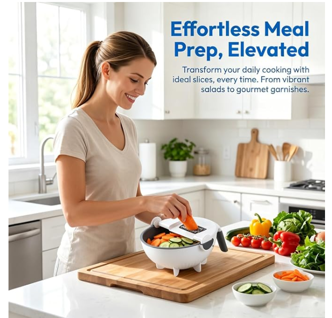 9 In 1 Vegetable Cutter with Drain Basket, 9 In 1 Multifunctional Vegetable Slicer, Portable Chopper Grater for kitchen, 6 Different Blades for slicing, Shredding and Cutting (1, White and Gray)