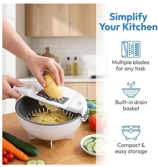 9 In 1 Vegetable Cutter with Drain Basket, 9 In 1 Multifunctional Vegetable Slicer, Portable Chopper Grater for kitchen, 6 Different Blades for slicing, Shredding and Cutting (1, White and Gray)
