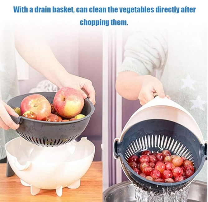9 In 1 Vegetable Cutter with Drain Basket, 9 In 1 Multifunctional Vegetable Slicer, Portable Chopper Grater for kitchen, 6 Different Blades for slicing, Shredding and Cutting (1, White and Gray)