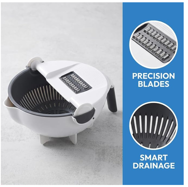 9 In 1 Vegetable Cutter with Drain Basket, 9 In 1 Multifunctional Vegetable Slicer, Portable Chopper Grater for kitchen, 6 Different Blades for slicing, Shredding and Cutting (1, White and Gray)