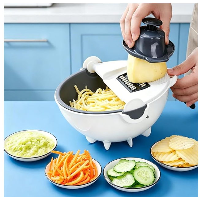 9 In 1 Vegetable Cutter with Drain Basket, 9 In 1 Multifunctional Vegetable Slicer, Portable Chopper Grater for kitchen, 6 Different Blades for slicing, Shredding and Cutting (1, White and Gray)