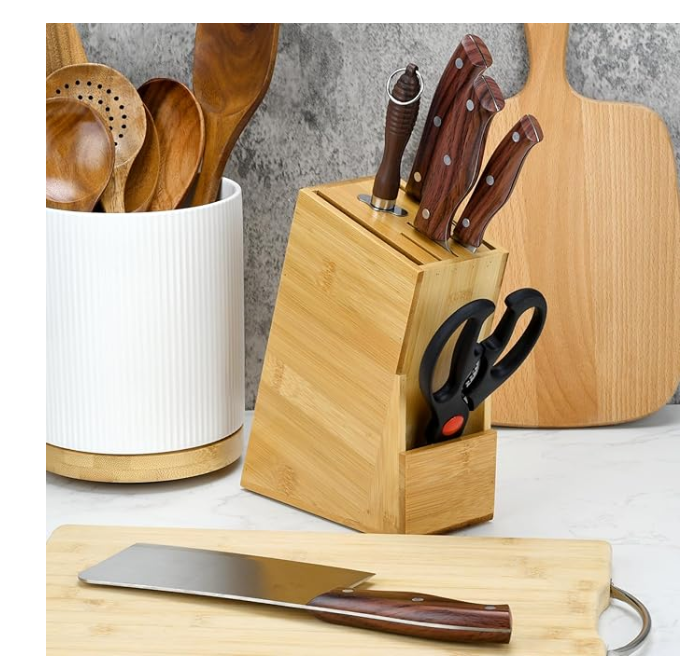 Wood Knife Block, Kitchen Knife Holder Countertop 6 Slots Knife Block with Scissors