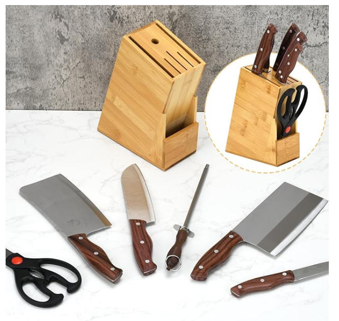 Wood Knife Block, Kitchen Knife Holder Countertop 6 Slots Knife Block with Scissors