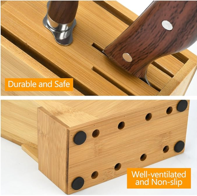 Wood Knife Block, Kitchen Knife Holder Countertop 6 Slots Knife Block with Scissors