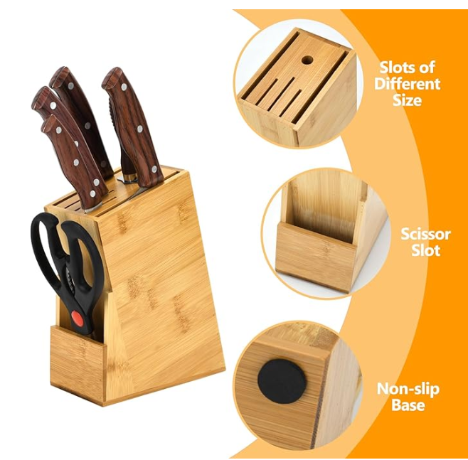 Wood Knife Block, Kitchen Knife Holder Countertop 6 Slots Knife Block with Scissors