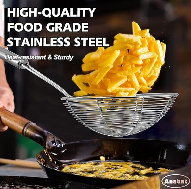 Anaeat  Stainless Steel Spider Skimmer, Professional Kitchen Pasta Strainer Spoon with Long Handle - Asian Strainer Ladle Wire Skimmer Spoons for Cooking and Frying