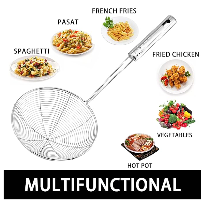 Anaeat  Stainless Steel Spider Skimmer, Professional Kitchen Pasta Strainer Spoon with Long Handle - Asian Strainer Ladle Wire Skimmer Spoons for Cooking and Frying