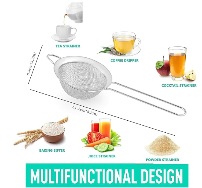 .35 Inch Silver Fine3 Mesh Strainer, Stainless Steel Metal Handheld Small Mini Sieve Strainer, Kitchen Food Strainer with Handle for Cocktail, Tea, Coffee and Juice