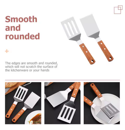 2 Pieces Stainless Steel Spatula Set,Metal Spatula for Cast Iron Skillet,Metal Spatula for Cooking with Wooden Handle,Metal Spatulas for kitchen use for Pancakes,Frying