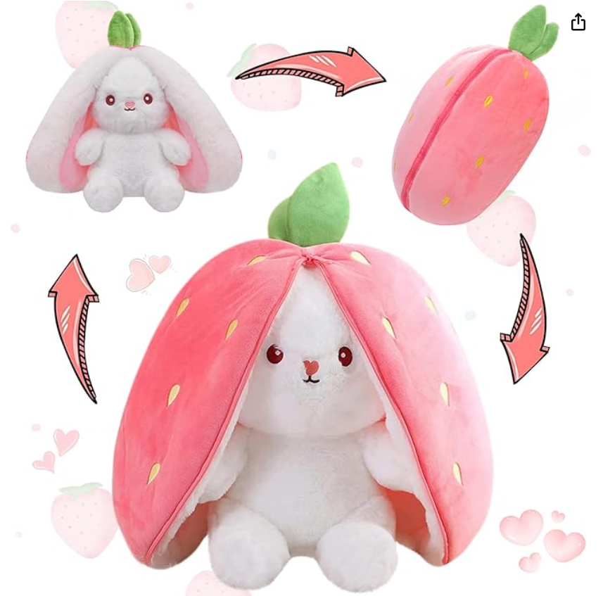 MIAODAM Bunny Stuffed Animal Reversible Cuddle Bunny Stuffed,Strawberry Bunny Transformed Rabbit Plush Zipper,Turns Into Ears Bunnies Plushies Toy Cute Stuffy Doll Easter