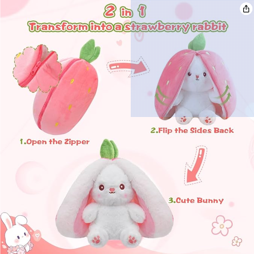 MIAODAM Bunny Stuffed Animal Reversible Cuddle Bunny Stuffed,Strawberry Bunny Transformed Rabbit Plush Zipper,Turns Into Ears Bunnies Plushies Toy Cute Stuffy Doll Easter