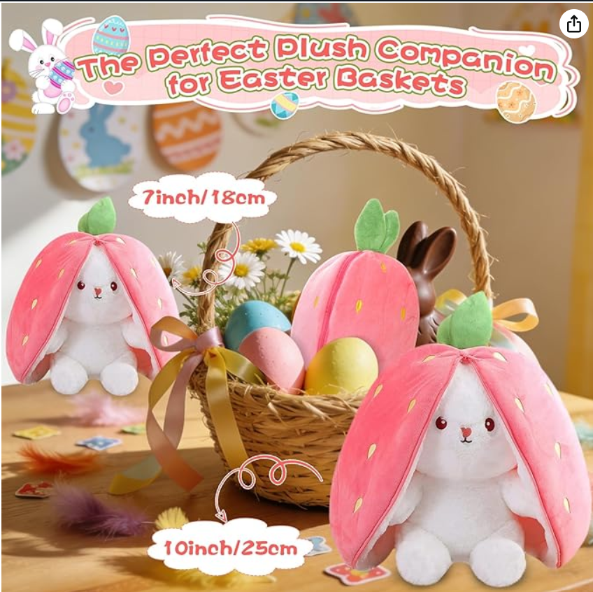 MIAODAM Bunny Stuffed Animal Reversible Cuddle Bunny Stuffed,Strawberry Bunny Transformed Rabbit Plush Zipper,Turns Into Ears Bunnies Plushies Toy Cute Stuffy Doll Easter