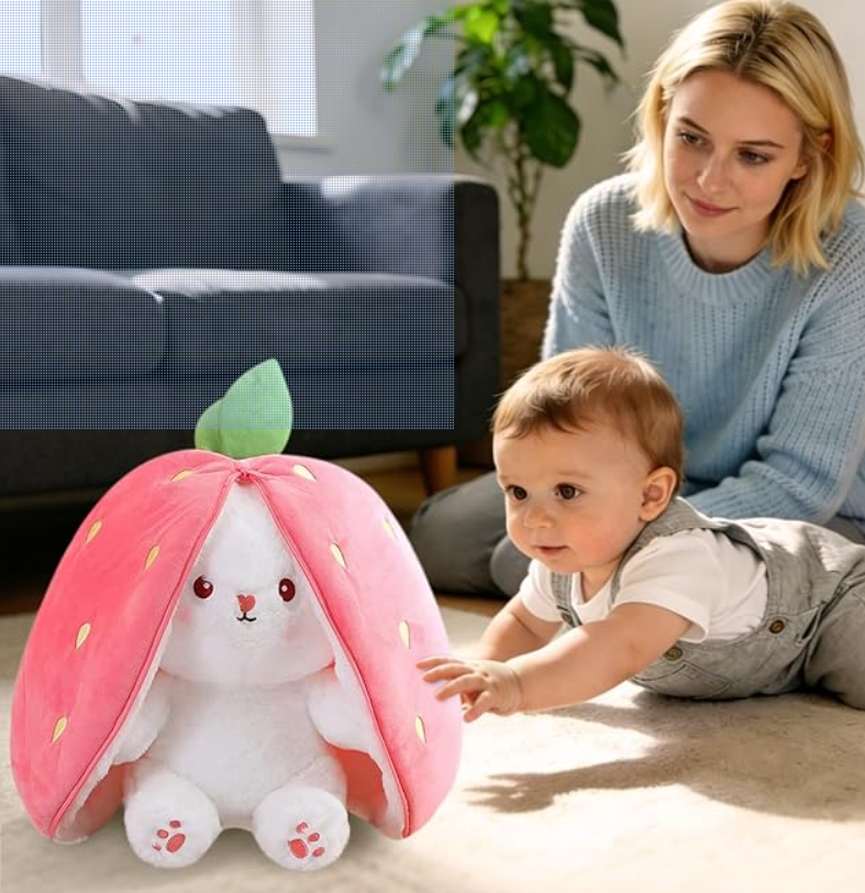 MIAODAM Bunny Stuffed Animal Reversible Cuddle Bunny Stuffed,Strawberry Bunny Transformed Rabbit Plush Zipper,Turns Into Ears Bunnies Plushies Toy Cute Stuffy Doll Easter