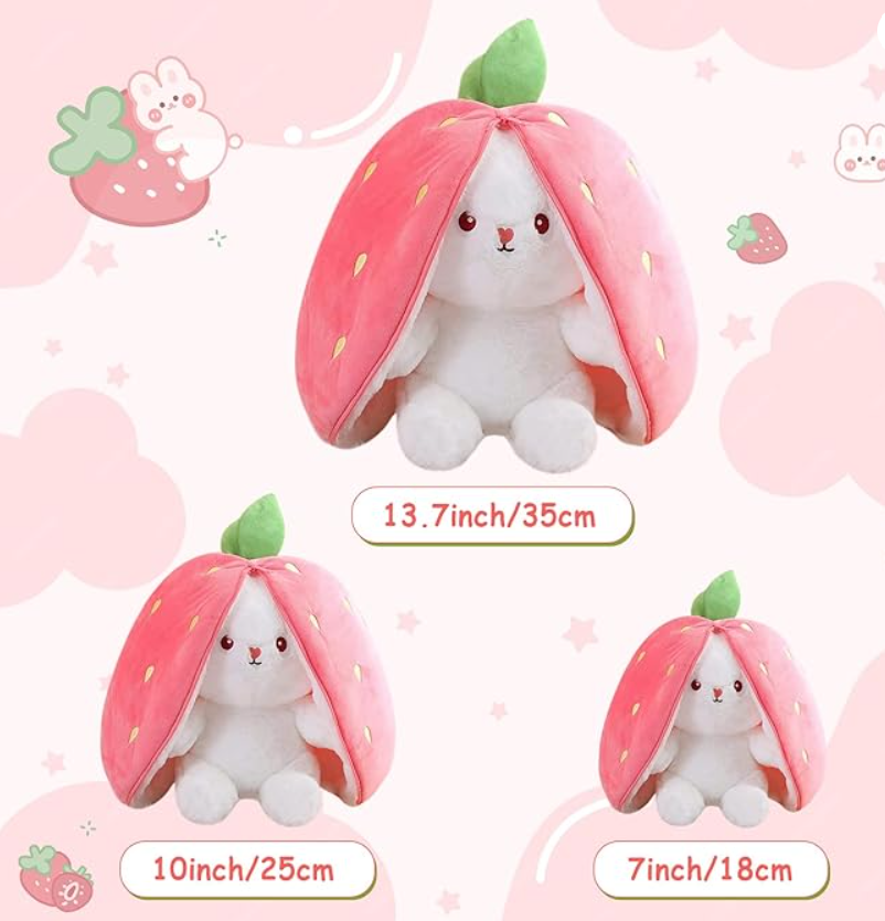MIAODAM Bunny Stuffed Animal Reversible Cuddle Bunny Stuffed,Strawberry Bunny Transformed Rabbit Plush Zipper,Turns Into Ears Bunnies Plushies Toy Cute Stuffy Doll Easter