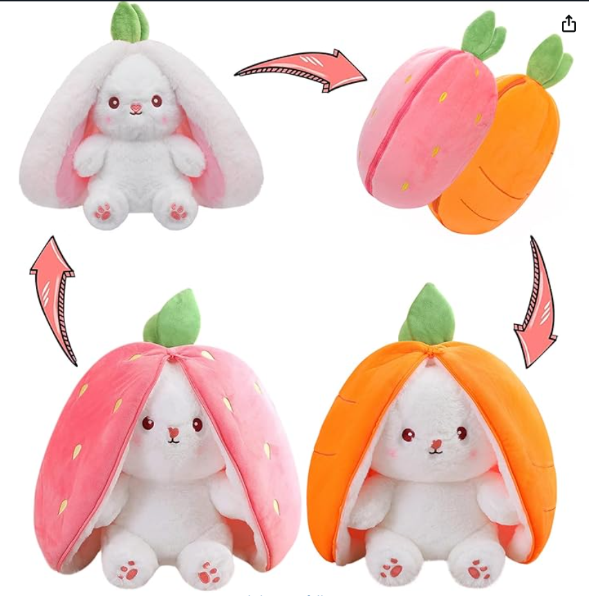 MIAODAM Bunny Stuffed Animal Reversible Cuddle Bunny Stuffed,Strawberry Bunny Transformed Rabbit Plush Zipper,Turns Into Ears Bunnies Plushies Toy Cute Stuffy Doll Easter