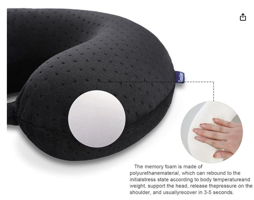 SAIREIDER Travel Neck Pillow 100% Pure Memory Foam Airplane Pillow for Head Support,Soft Adjustable Pillow for Plane, Car & Home Recliner