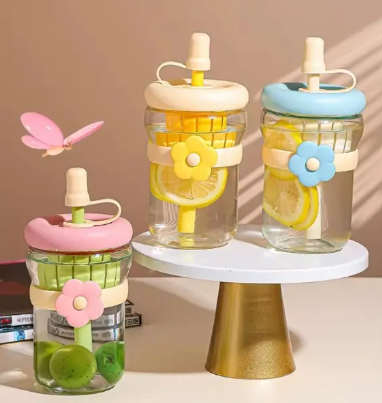 Portable 500ML Straw Cup Reusable Large Capacity Drinking Bottle with Flower Tea Strainer Cartoon Tea Brewing Cup For School