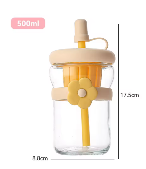 Portable 500ML Straw Cup Reusable Large Capacity Drinking Bottle with Flower Tea Strainer Cartoon Tea Brewing Cup For School