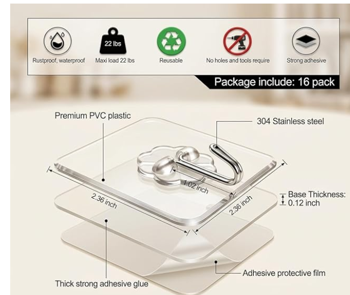 6 Pack Adhesive Hooks Cute Utility Hooks, Key Hooks for Wall Decorative, for Hanging Hat, Towel, Key, Towel Hook Wall Mount for Home, Kitchen, Bathroom, Office