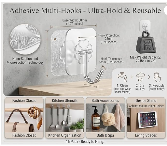 6 Pack Adhesive Hooks Cute Utility Hooks, Key Hooks for Wall Decorative, for Hanging Hat, Towel, Key, Towel Hook Wall Mount for Home, Kitchen, Bathroom, Office