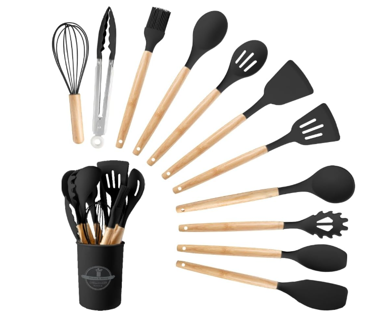 Silicone Cooking Utensils Set, 12Pcs Large Heat Resistant Kitchen Utensils, Turner Tongs, Spatula, Spoon, Wooden Handle Kitchen Gadgets with Holder for Nonstick Cookware, Dishwasher Safe (Black)