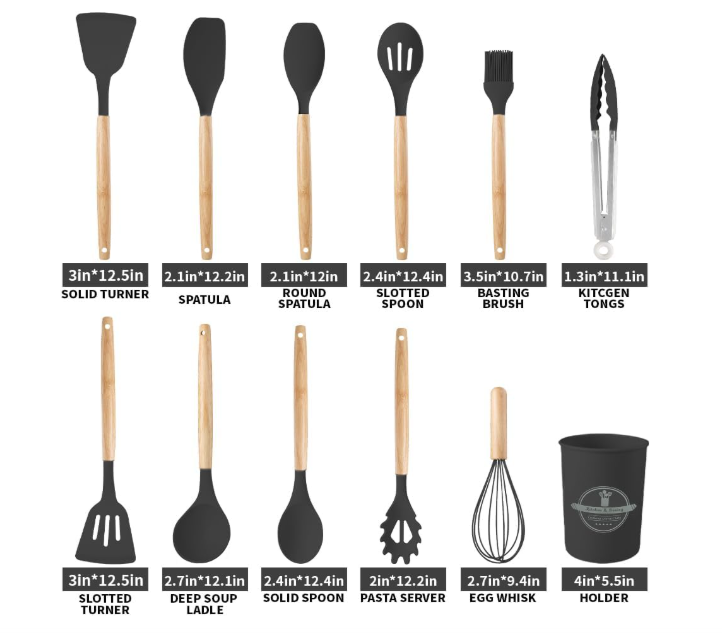 Silicone Cooking Utensils Set, 12Pcs Large Heat Resistant Kitchen Utensils, Turner Tongs, Spatula, Spoon, Wooden Handle Kitchen Gadgets with Holder for Nonstick Cookware, Dishwasher Safe (Black)