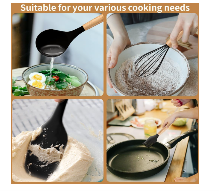 Silicone Cooking Utensils Set, 12Pcs Large Heat Resistant Kitchen Utensils, Turner Tongs, Spatula, Spoon, Wooden Handle Kitchen Gadgets with Holder for Nonstick Cookware, Dishwasher Safe (Black)
