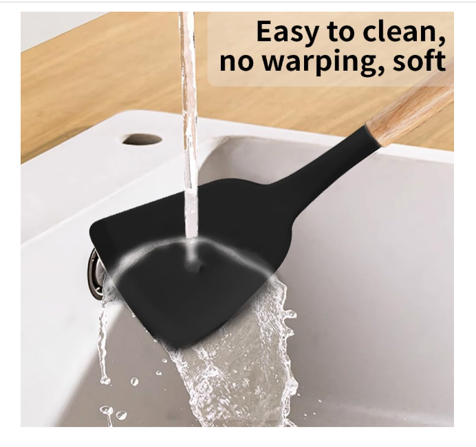 Silicone Cooking Utensils Set, 12Pcs Large Heat Resistant Kitchen Utensils, Turner Tongs, Spatula, Spoon, Wooden Handle Kitchen Gadgets with Holder for Nonstick Cookware, Dishwasher Safe (Black)